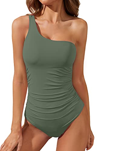 Soft Padded Push Up Bra One Shoulder One Piece Swimsuits For Women-Olive Green