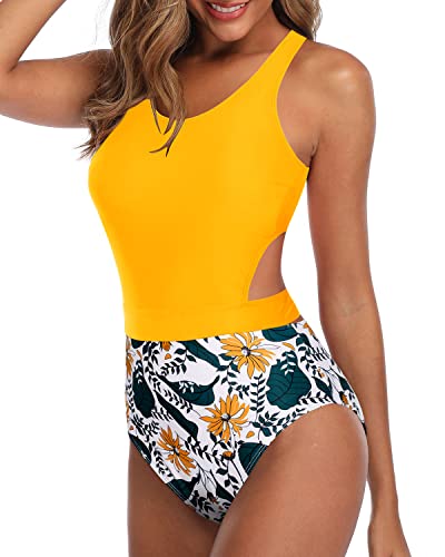 Adjustable Straps One Piece Tummy Control Cutout Swimsuits For Teen Girls-Yellow Floral