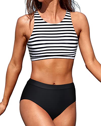 Tummy Control Swimsuits Bottom 2 Piece Bathing Suits For Teen Girls-Black And White Stripe