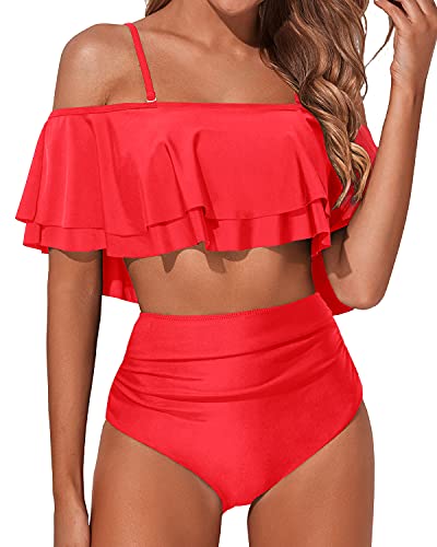 Two Piece Curvy Off Shoulder High Waisted Bikini Set-Neon Red