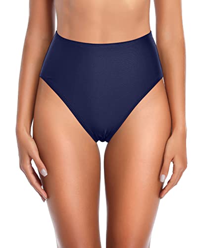 Tummy Control High Cut Bikini Bottoms For Women-Navy Blue