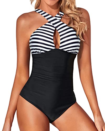 Long Torso One Piece Front Cross Keyhole Swimsuits-Black And White Stripe