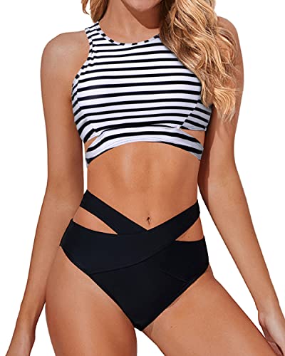 Cutout High Neck Criss Cross Bandage Two Piece Bikini Set For Women-Black And White Stripe