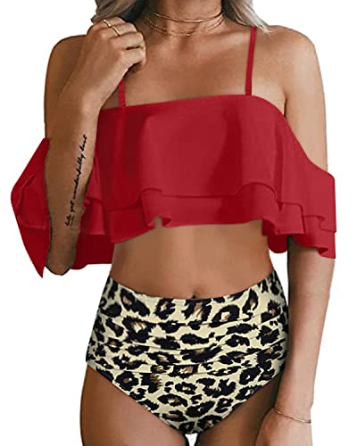 Flounce Off Shoulder Two Piece Bathing Suit-Red And Leopard