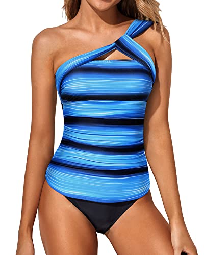 Backless Two Piece Tankini Bathing Suits For Women-Blue And Black Stripe