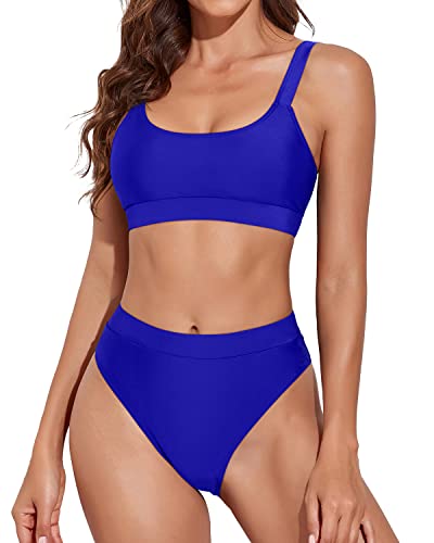 Women Tummy Control Swimsuits Sporty Scoop Neck Bikini-Royal Blue