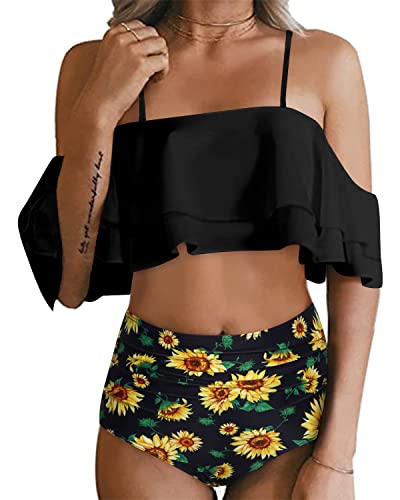 Elegant Off Shoulder Bikini Set For Women Tummy Control Bottoms-Black Sunflower