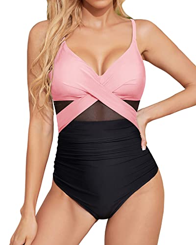 Ruched Cutout One Piece Swimsuit Mesh Detailing For Women-Pink And Black