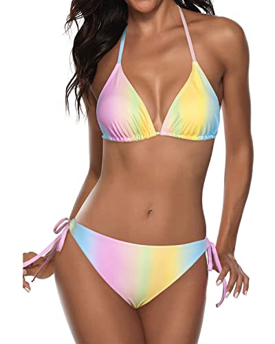 Two Piece Halter Padded Top Tie Side Bottom Bikini Bathing Suit 2 Piece Bikini Sets-Color Stripes