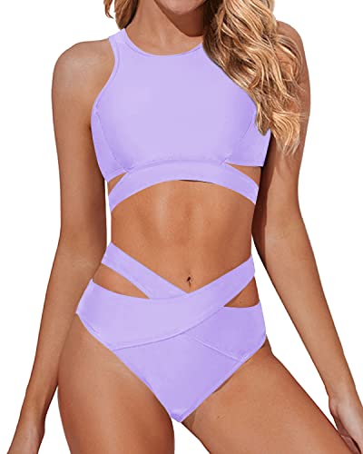Solid Wrapped High Waisted Bandage Two Piece Bathing Suits-Light Purple