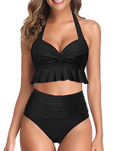 Adjustable Halter Neck Two Piece Swimsuits-Black