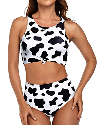 Full Coverage High Waist Bikini Sporty Two Piece Swimsuits-Black And White Cow Pattern1