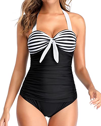 Halter Tummy Control Slimming One Piece Swimsuits-Black And White Stripe