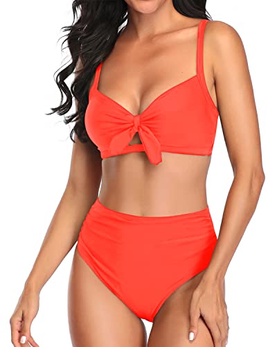 High Waisted Bathing Suit Tummy Control Ruched Bikini-Neon Orange