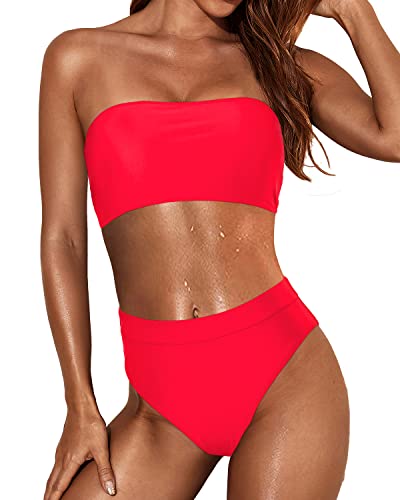 Flattering High Cut Bathing Suits Women Two Piece Bandeau Swimsuit-Neon Red