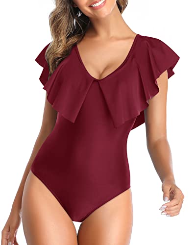 Modest Coverage Flounce Sleeve V Neck One Piece Swimsuit-Maroon