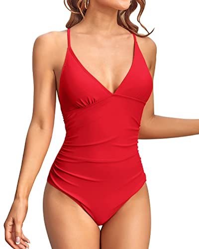 Women Sexy V Neck Tummy Control One Piece Bathing Suits-Red