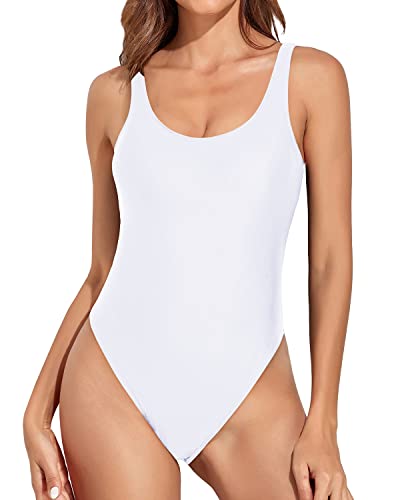 Low Back Scoop Neck Retro 80S High Leg One Piece Swimsuit-White