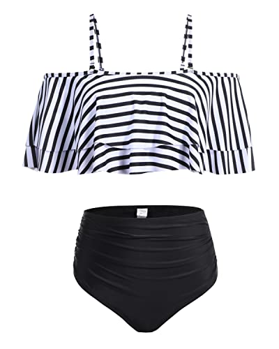 Fashionable High Waisted Ruffle Bikini Set For Beach-Black And White S ...