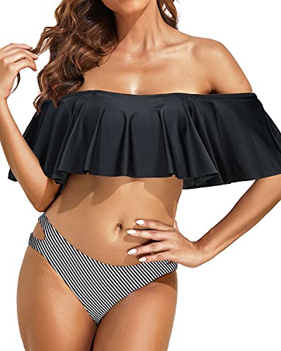 Black ruffle off the shoulder bikini top cheap
