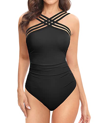 Sexy Crisscross Mesh Strap One Piece Swimwear For Women-Black