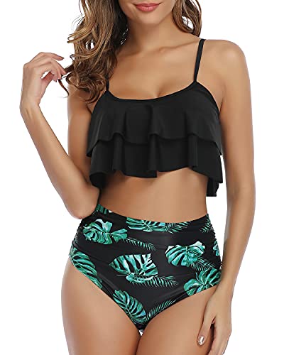 Two Piece Double Tiered Ruffle Flounce Crop Top Bikini Set-Black Leaf