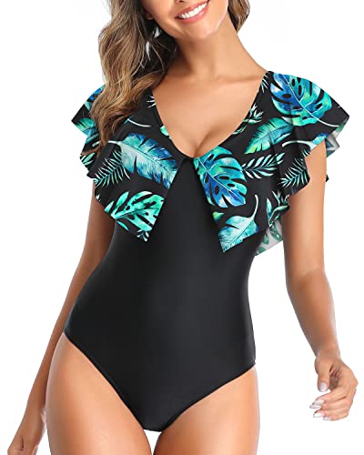 Removable Padded Push Up Ruffle Shoulders One Piece Swimsuit-Black And Green Leaves