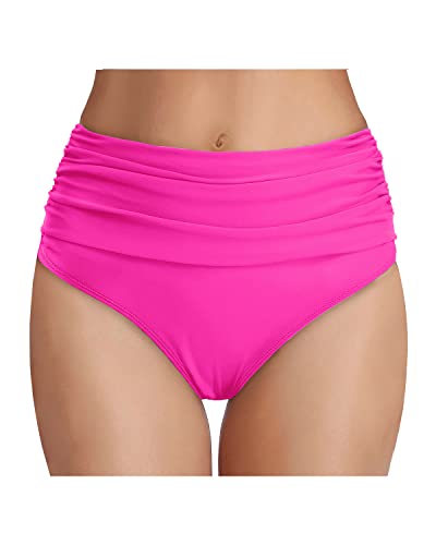 Ruched Tummy Control High Waisted Women's Bikini Bottom-Neon Pink