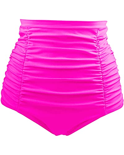 Ruched Panel High Waisted Swim Bottom For Women-Neon Pink