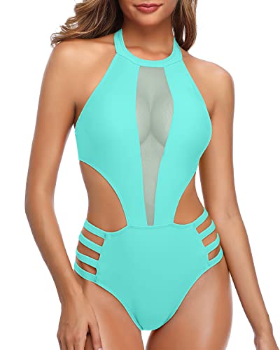 Sultry High Neck Halter Cutout One Piece Swimsuit For Women-Aqua