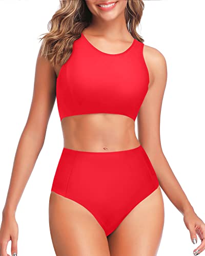 Two Piece High Waisted Bikini Set For Women-Neon Red