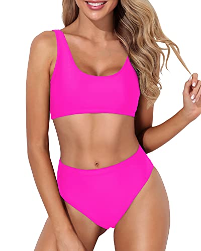 Cheeky High Waisted Bathing Suit Crop Top High Cut Swimsuit-Neon Pink
