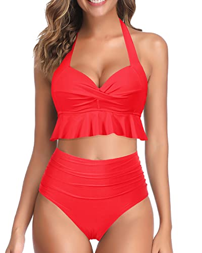 Adjustable Backless Bathing Suits Womens Tummy Control Swimsuits-Neon Red