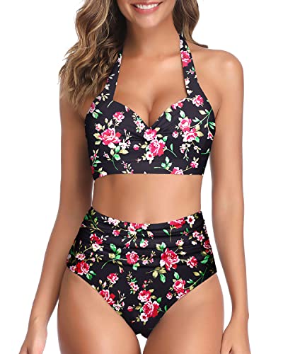 High Waist High-Cut Legs Halter Ruched High Waist Bikini-Black Floral