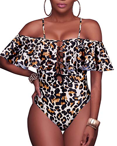 Flirty Ruffled Off The Shoulder One Piece Swimsuit For Ladies-Leopard