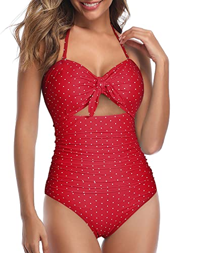 High Waisted Tummy Control Swimsuits Halter Backless One Piece Swimsuits-Red Dot