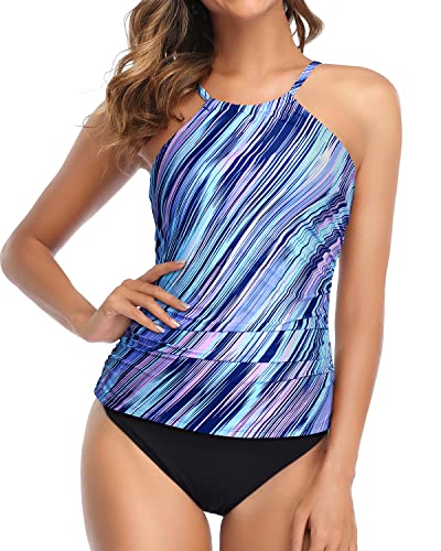 Fashionable High Neck Ruched Tankini Swimsuit For Women-Blue And Black Stripe