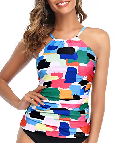 Women's High Neck Tankini Top Adjustable Straps And Padded Push-Up
