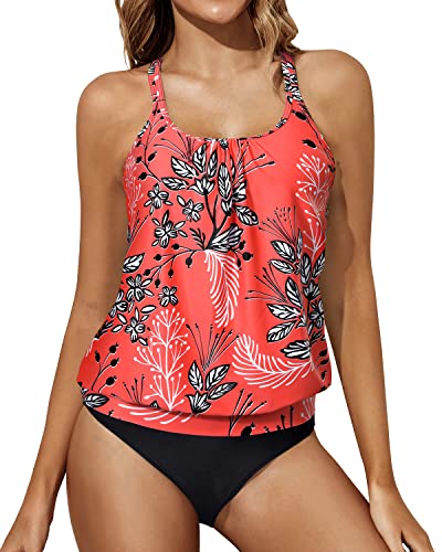 2 Piece Soft Padded Push Up Scoop Neck Tankini Set-Red Floral