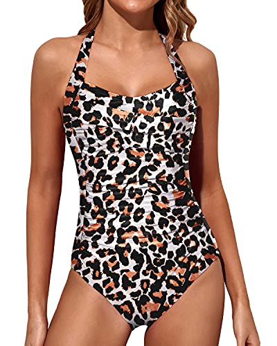 Tummy Control Swimsuits Halter Vintage Swimwear-Leopard