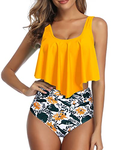 Removable Padded Women Ruffled Flounce Bikini Swimsuit-Yellow Floral