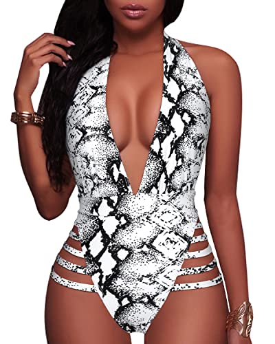 Show Off Your Curves Plunge Deep V Neck One Piece Swimsuits-Black And White Snake Print