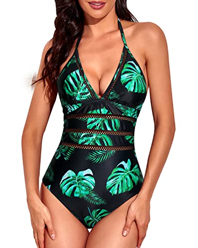 Women's Sexy Crochet Halter Plunge V Neck One Piece Swimsuits-Black And Green Leaf