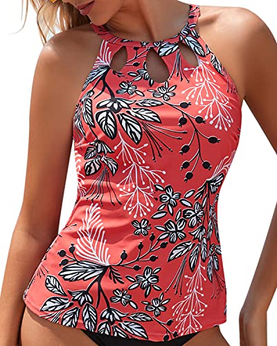 Halter Bathing Suit Tops Backless Swim Tank Top-Red Floral