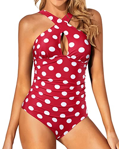 Cute And Chic One Piece Front Cross Keyhole Swimsuits-Red Dot