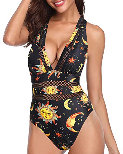 Stunning See-Through One Piece Swimsuits Bathing Suit-Black Sun And Moon