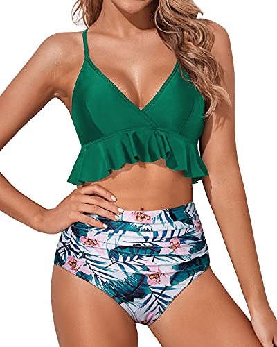 Ruffle Flounce High Waisted Two Piece Swimsuits-Green Tropical Floral