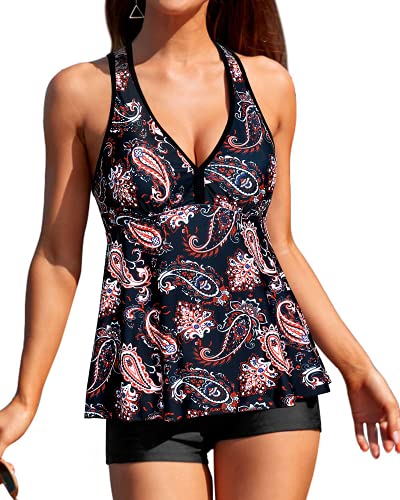 Two Piece Swimsuit Racerback Top & Padded Bras For Tummy Slimming-Black Tribal