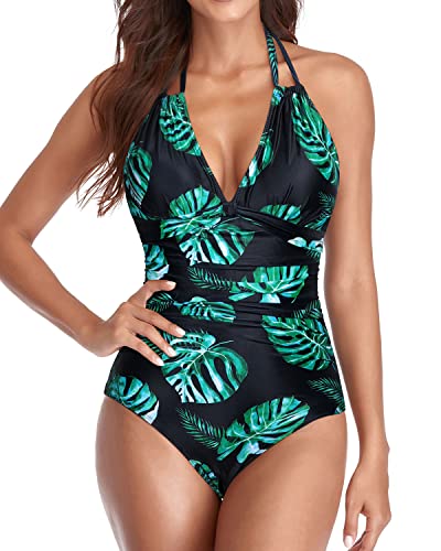 Chic Open Back Tummy Control One Piece Swimsuits-Black And Green Leaf
