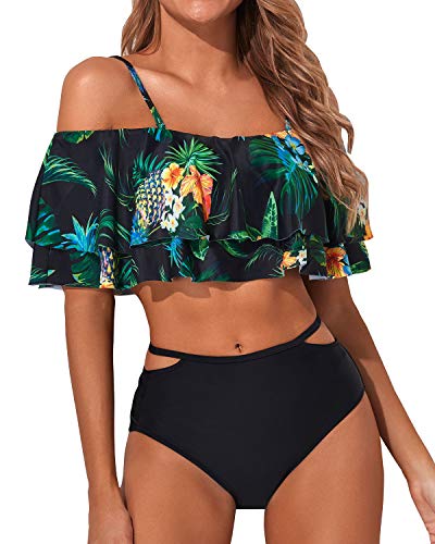 Cute Two Piece Swimsuit For Women High Waisted Ruched Bottoms-Black Pineapple